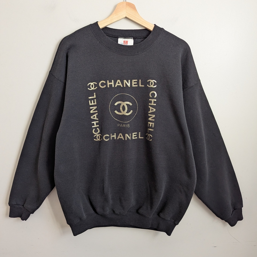 Vintage 80s 90s Streetwear Sweatshirt Black Metallic Gold Adult Large USA Made